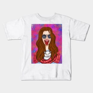 Funny girl with a cat Kids T-Shirt